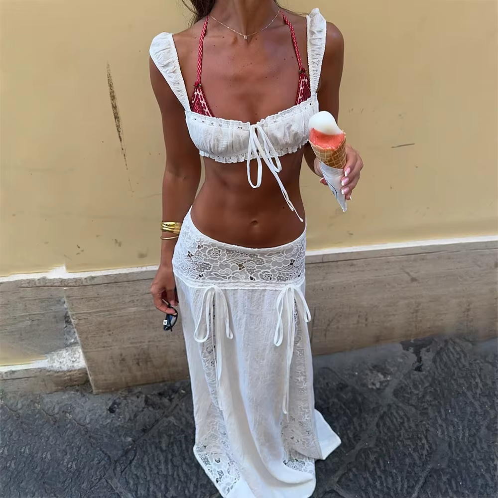Tenue 2 pièces style Boho pour femmes, Vintage, dentelle, col carré, cravate, débardeur froncé + jup