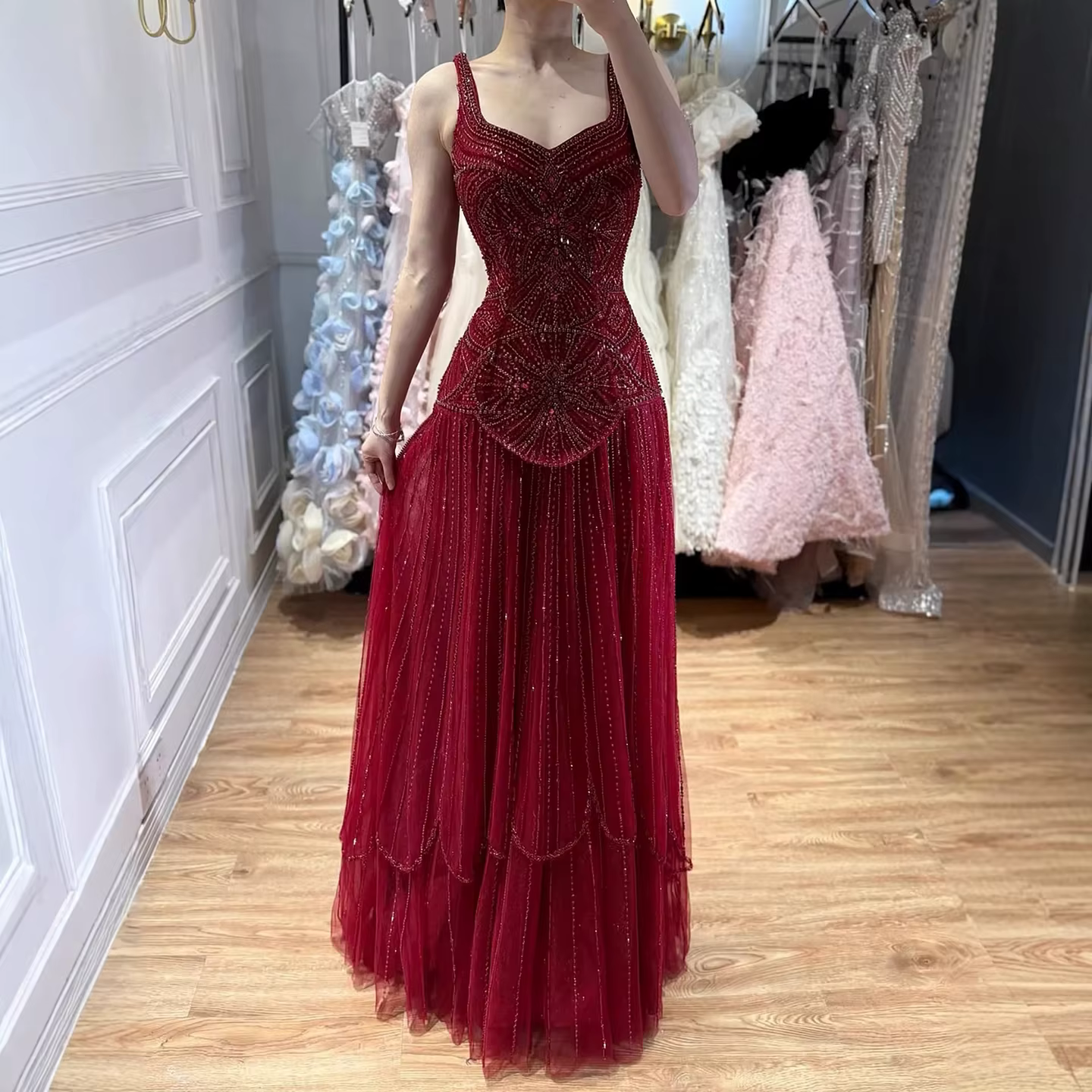 Robe de soirée élégante en dentelle de style arabe, à bretelles spaghetti, ornée de perles, coupe A,