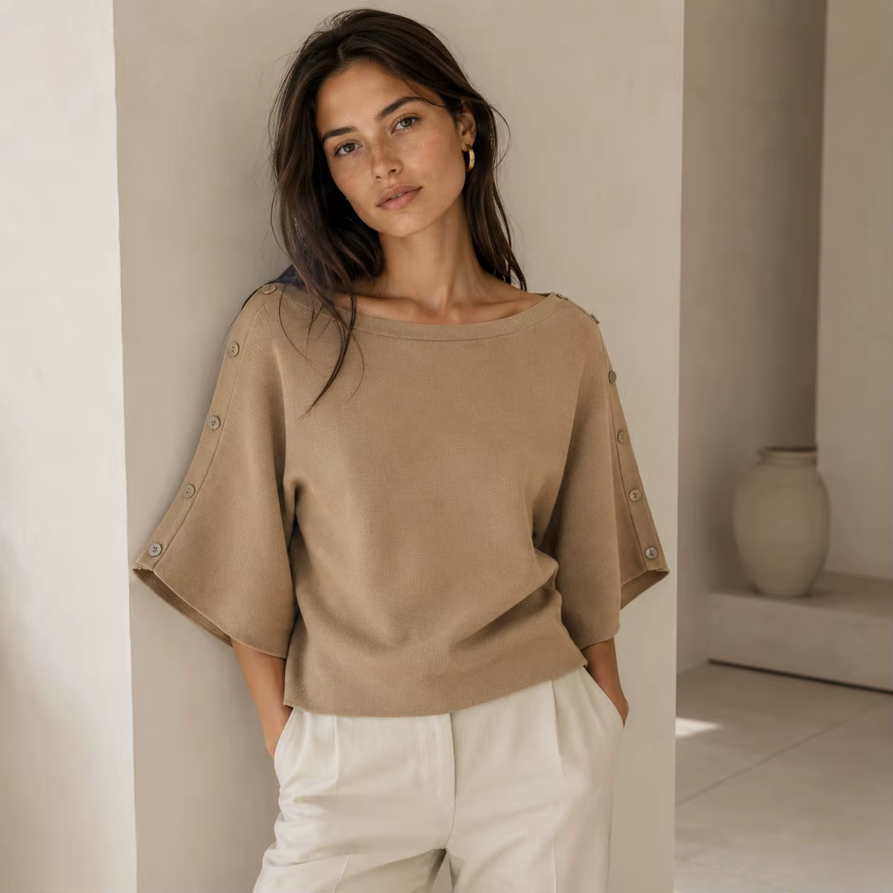 Pull en maille boutonné pour femme, col bateau élégant, manches chauve-souris, couleur unie, taille 