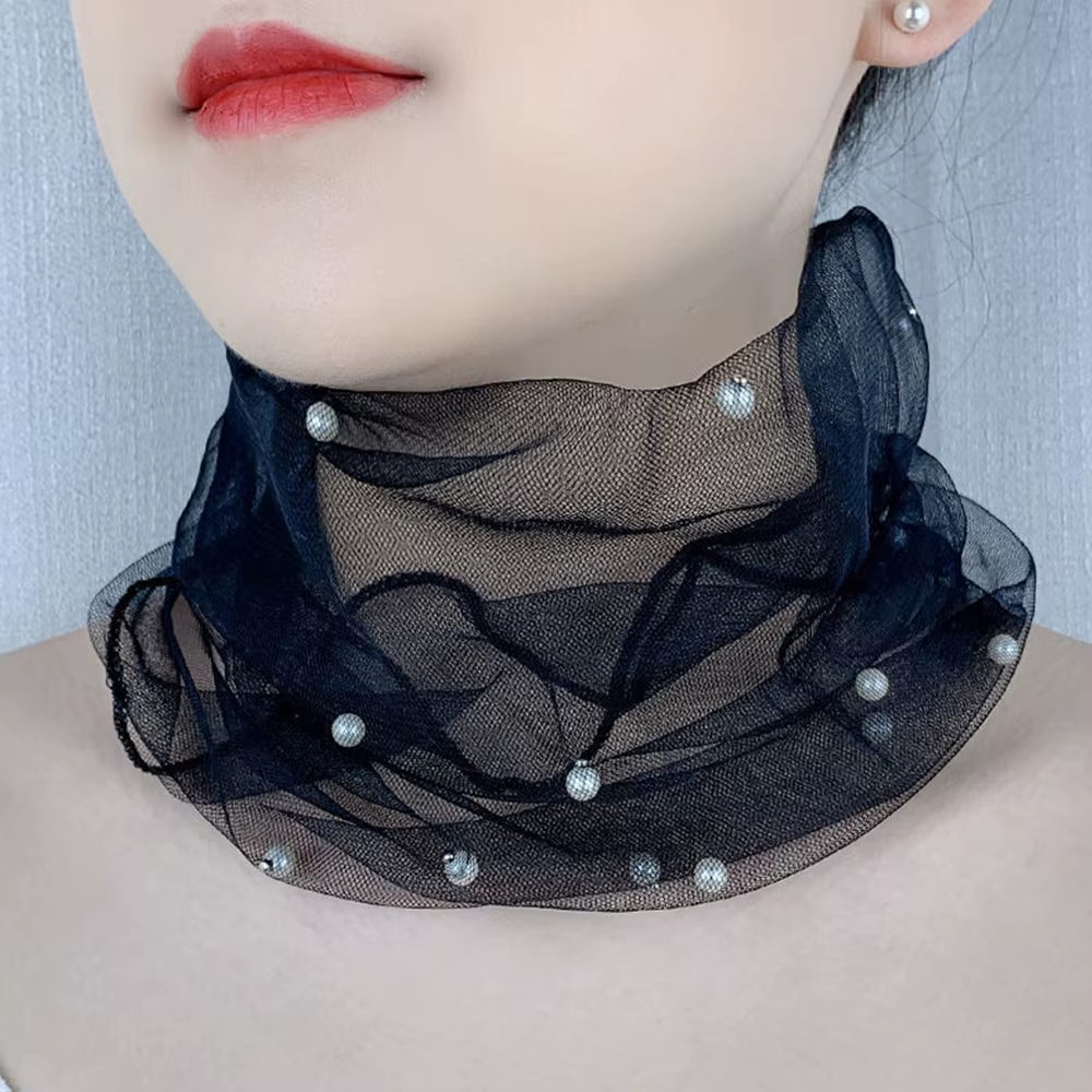 Écharpe en Mousseline de Soie avec Fausses Perles, Couvre-cou à Volants Fins, Petite Variété de Prot