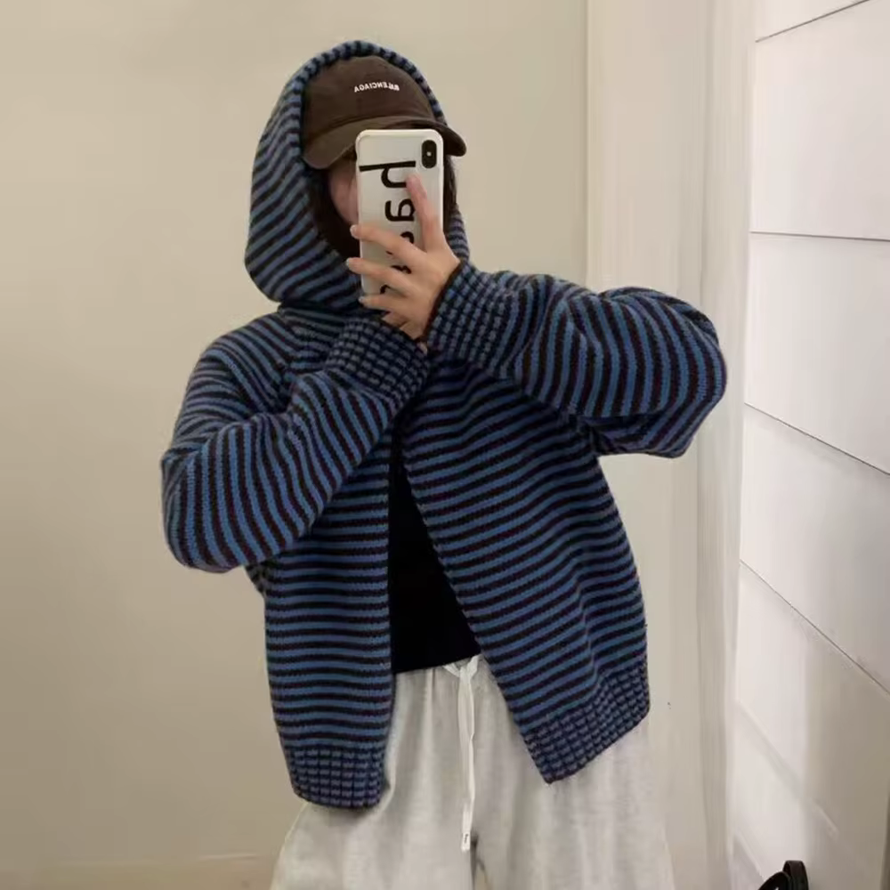 Cardigans tricotés verts de Style coréen pour femmes, manteaux décontractés en tricot ample à capuch