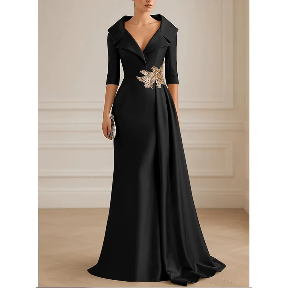 Robe de soirée formelle noire, col chemise, ligne A, longueur au sol, demi-manches, robe de bal plis
