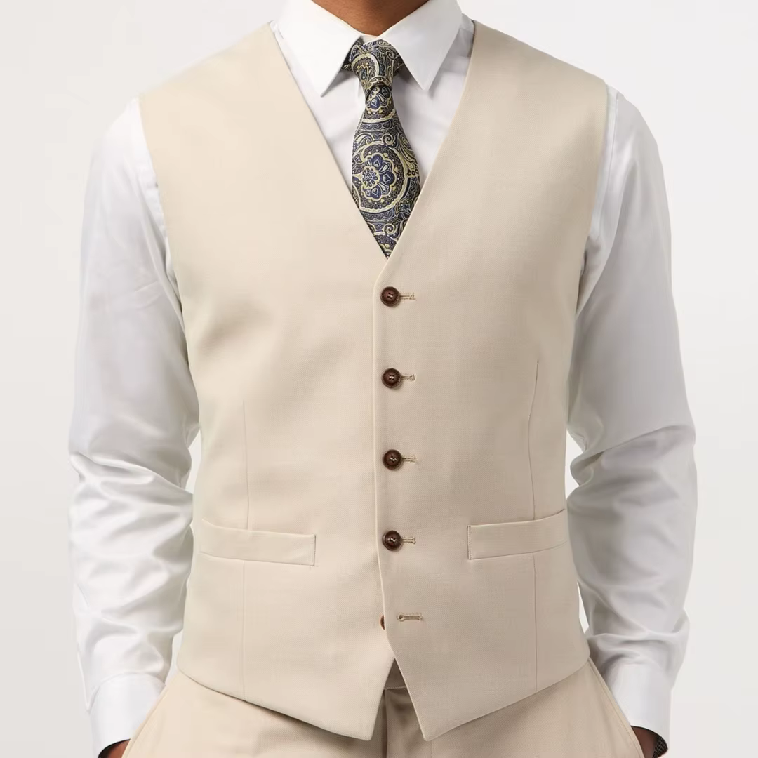 Gilet pour homme beige à un bouton, col en V, uni, pour mariage, anniversaire, banquet, fête, affair