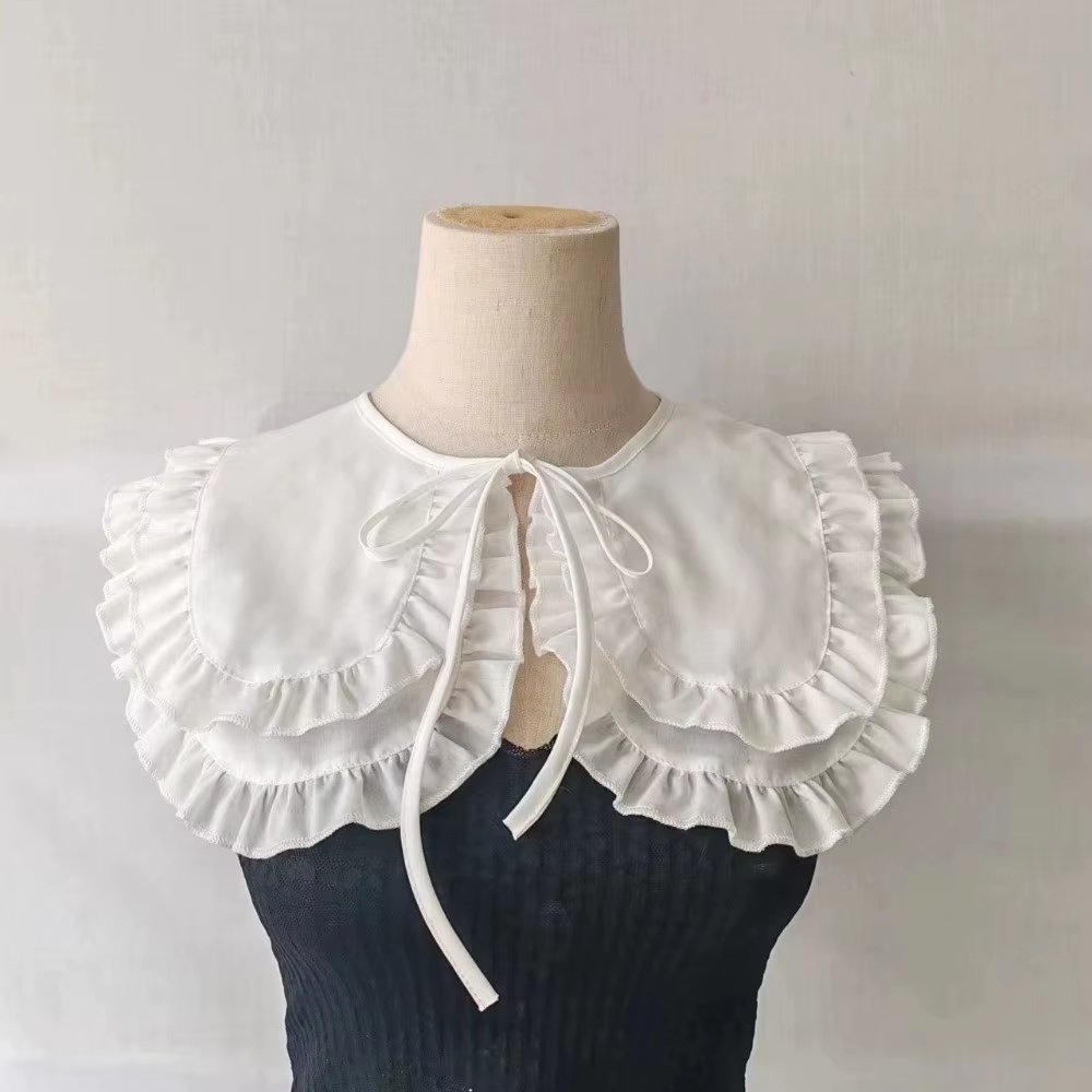 Faux col pour femme à grand revers, style demi-chemise, à lacets, double couche, couleur unie, à vol