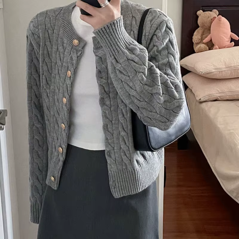 Cardigan Vintage à manches longues pour femme, pull col rond, élégant, haut tricoté, mode automne, g