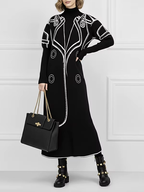 Robe pull en tricot à col roulé pour femmes, mode noir blanc, couleur contrastée, manches longues, a