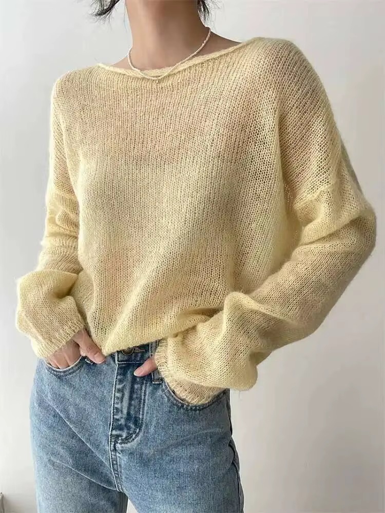 Pull fin en tricot LANMREM pour femme, manches longues, couleur unie, pull transparent, haut tendanc