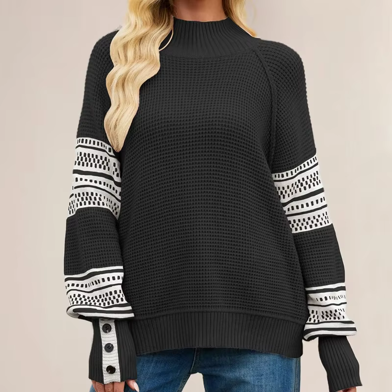 Pull tricoté pour femmes, pulls décontractés, couleur bloquée, manches longues lanterne, col tortue,