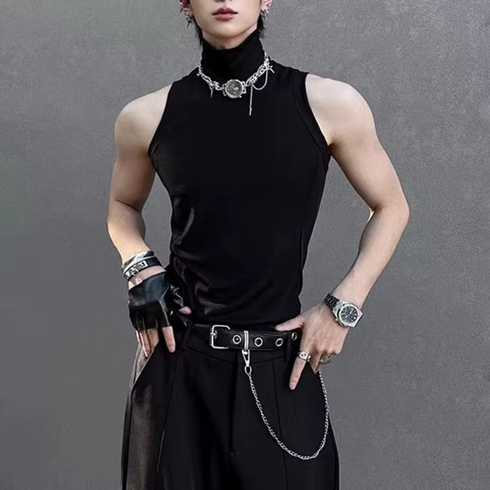 Nouveau débardeur homme col montant sans manches, style rétro américain, tendance streetwear, décont
