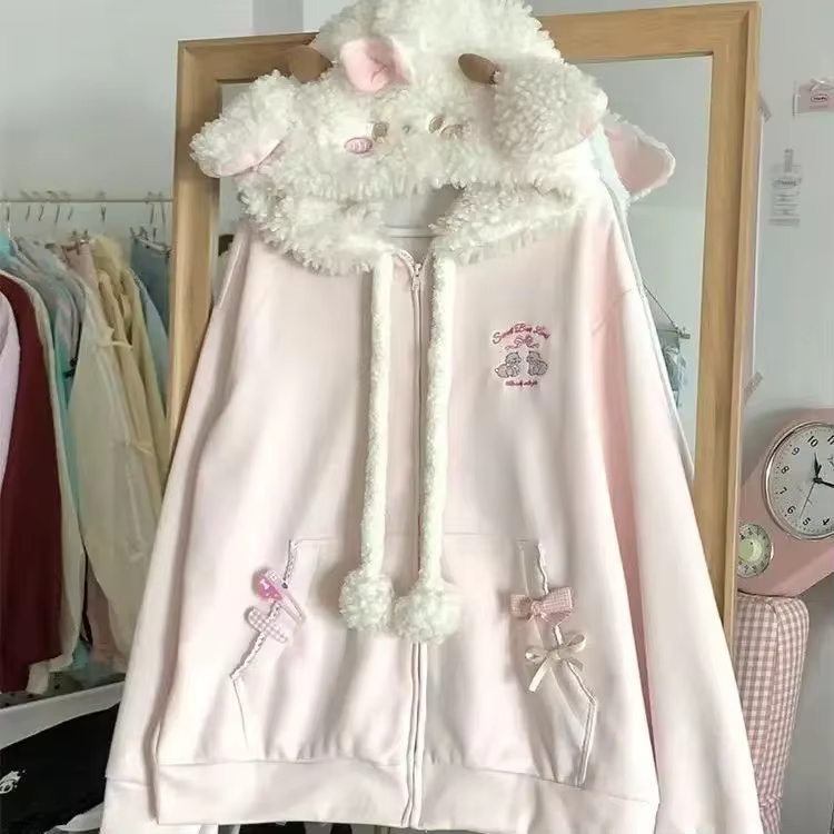 Cardigan à capuche pour fille douce japonaise, sweat-shirt brodé pour femme, veste mignonne, manteau