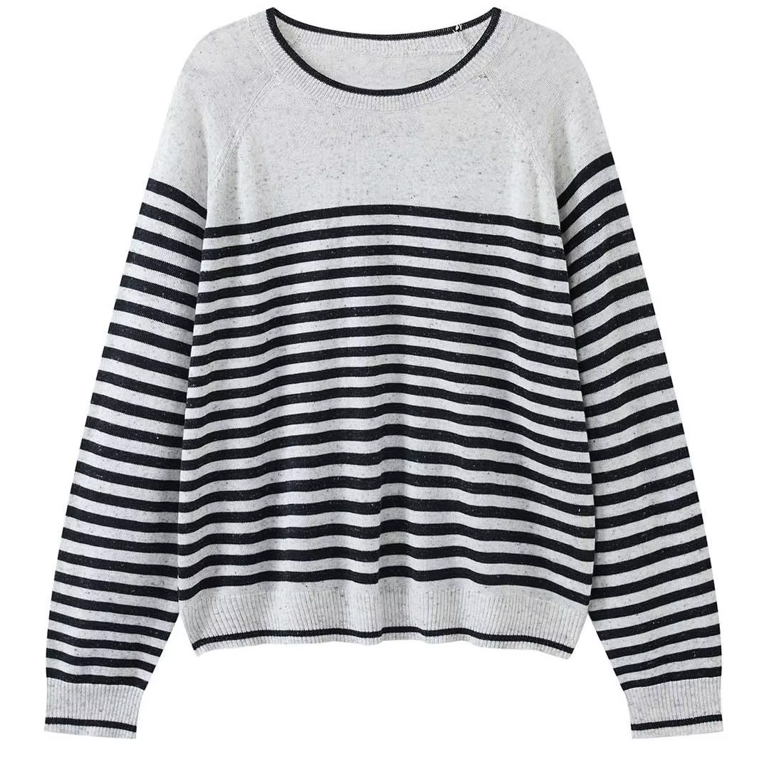 Pull en laine tricoté à rayures fines rétro HanOrange Printemps/Été 2026 pour femme, col rond, coupe