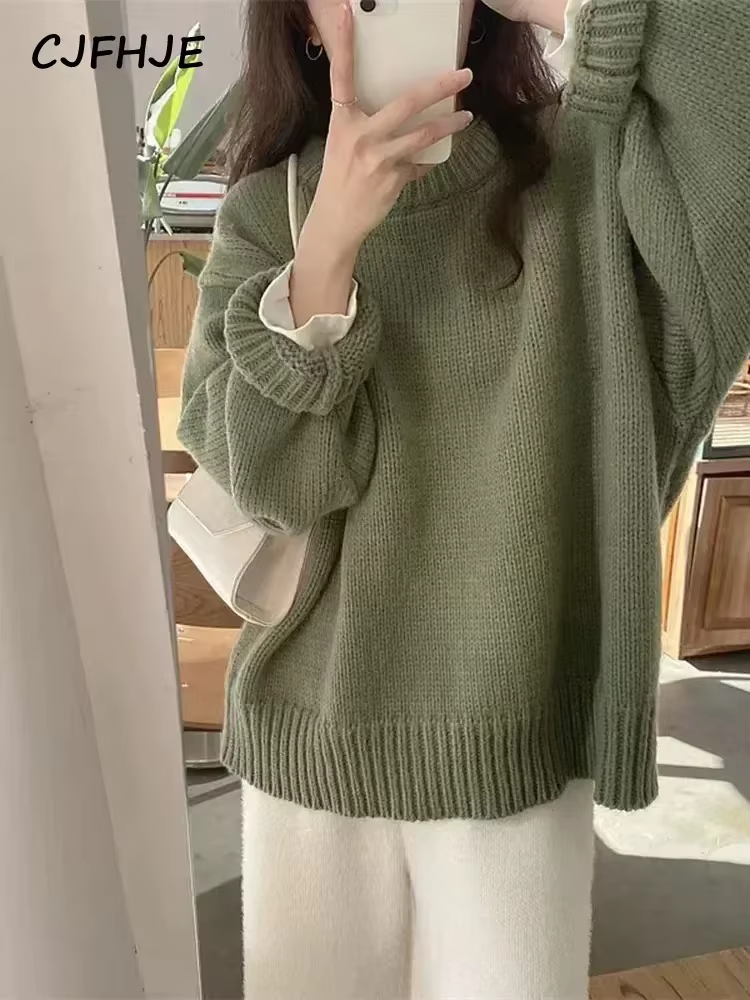 CJFHJE-Pull à manches longues pour femme, style preppy, vert, vintage, décontracté, col rond, solide