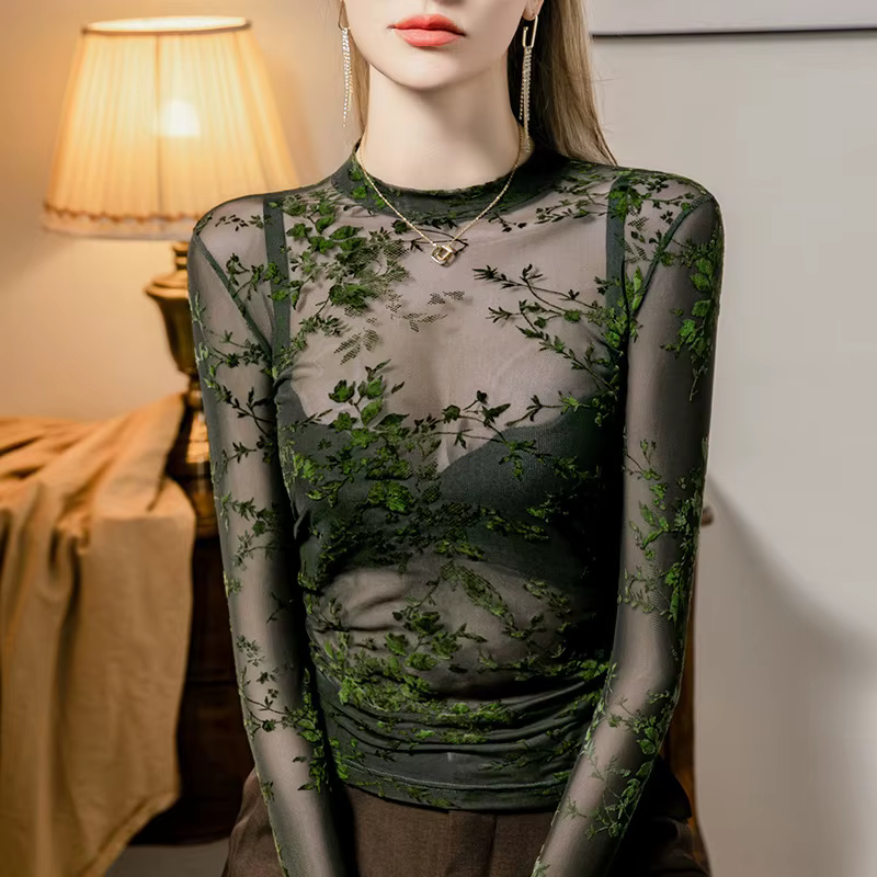 # 4258 vert maille t-shirt femmes à manches longues Sexy mince voir à travers t-shirt col rond maigr