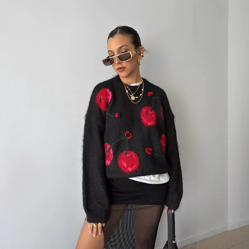Pull Jacquard cerise pour femme, automne/hiver, Style paresseux rétro, ample, tricoté, couleur contr
