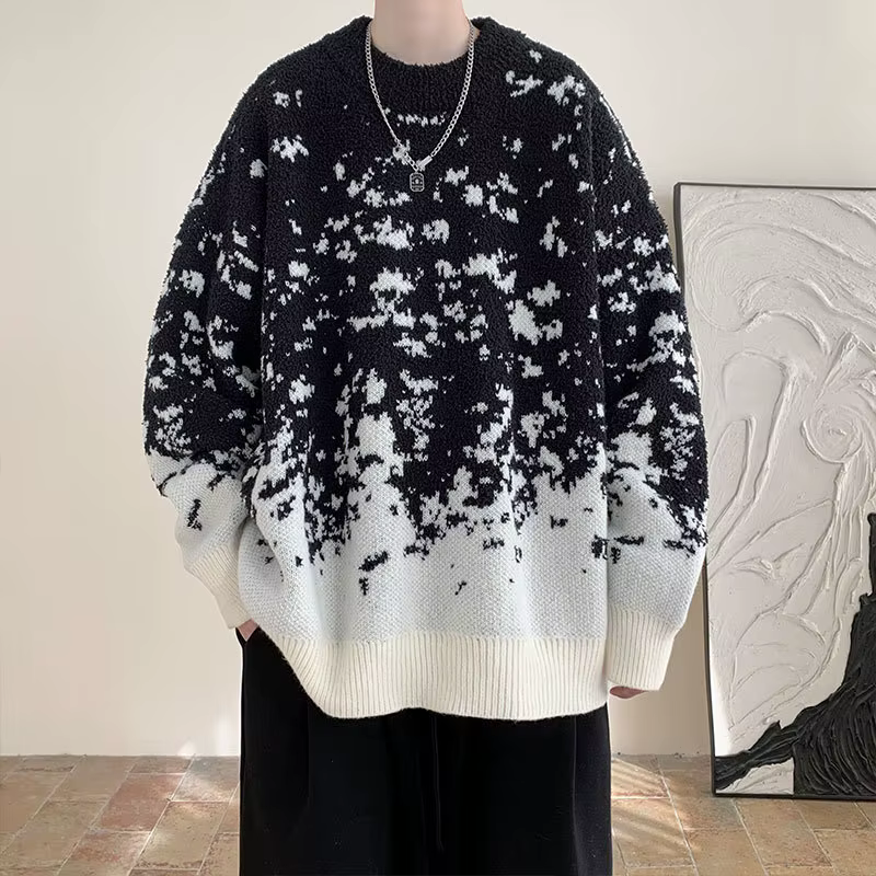 Pull dégradé de flocon de neige de noël pour hommes, pull rouge à col rond, rétro japonais, haut déc