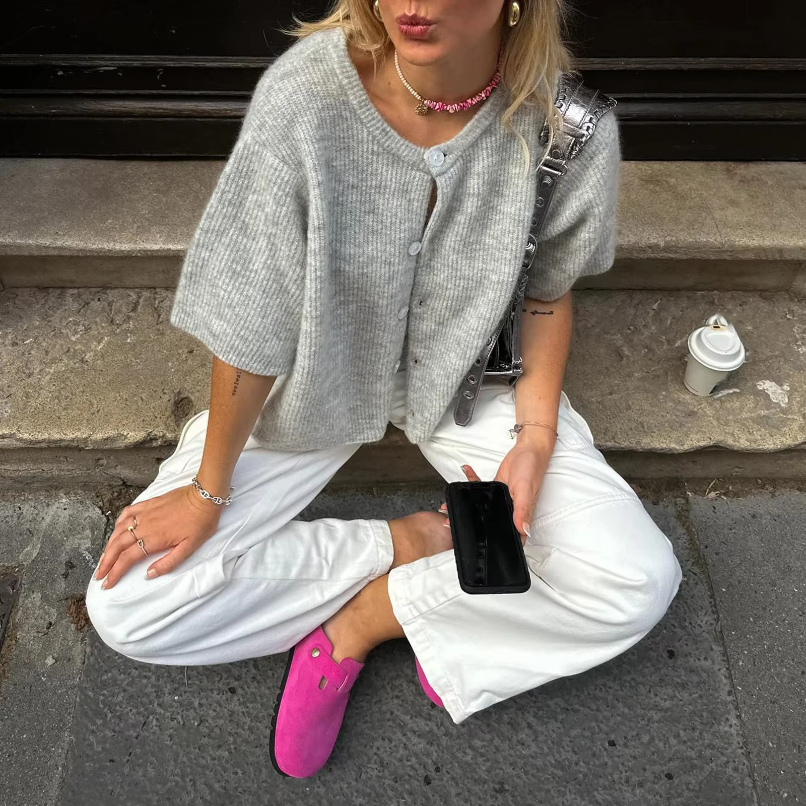 Pulls y2k pour femmes, couleur unie, col rond, simple boutonnage, manches courtes, Cardigan, hauts à