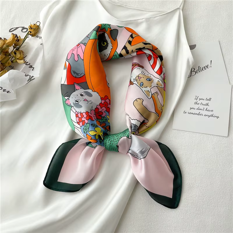 Foulard carré en soie Imitation chat de dessin animé, foulard de tête multifonction pour femmes, pri