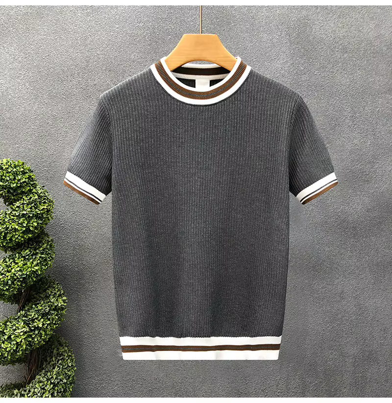 T-shirt léger d'été pour homme, col rond, rayé, manches courtes, pull tricoté, sous-vêtement décontr