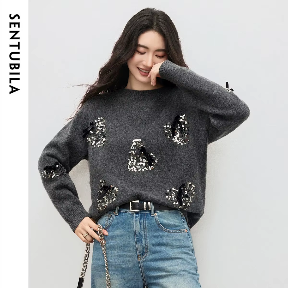 Pulls gris SENTUBILA pour femmes, collection hiver 2026, tricot ample à manches longues, pull en mai