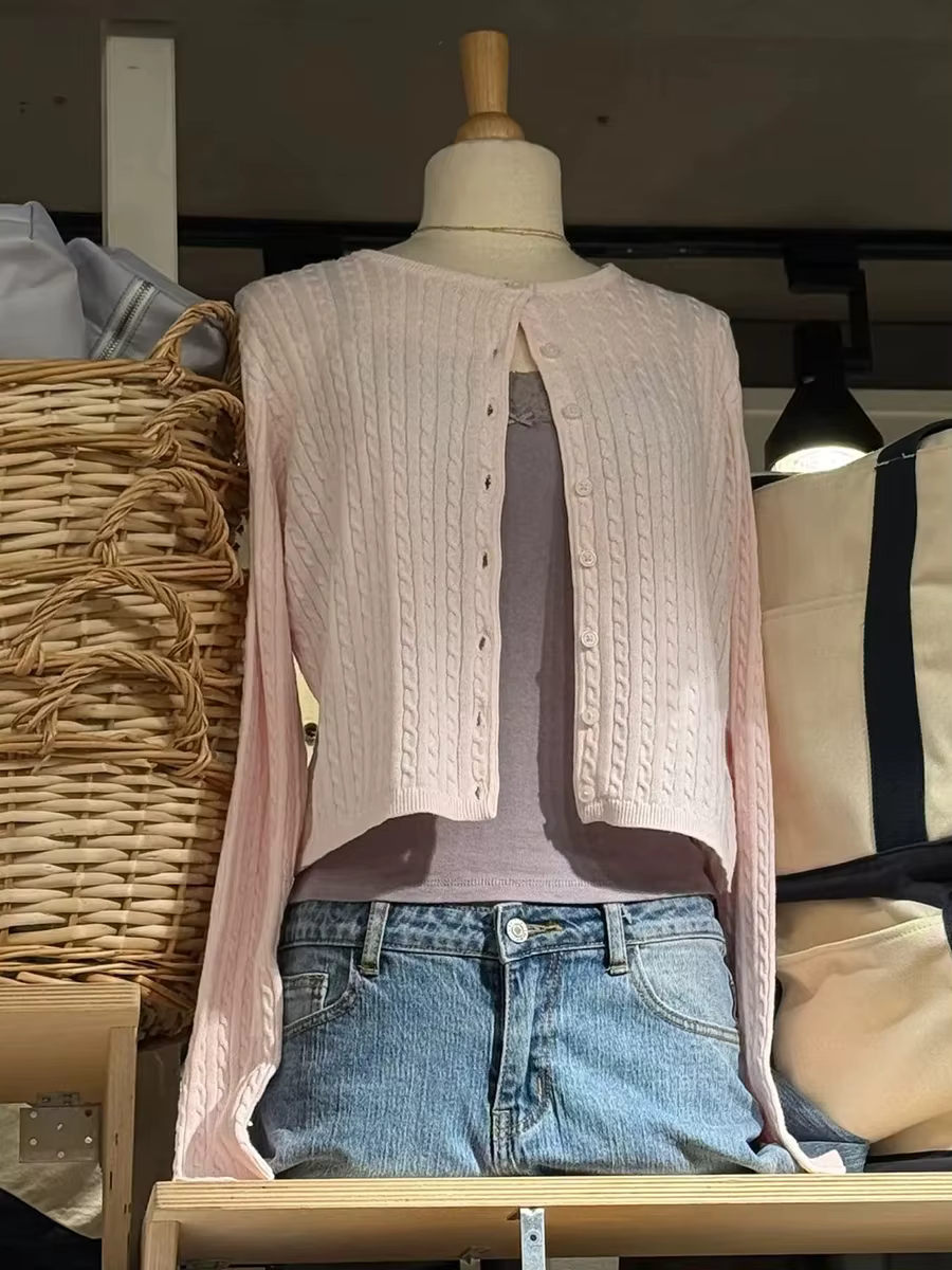Cardigan tricoté à manches longues en coton torsadé rose pour femmes, Simple, col rond, décontracté,