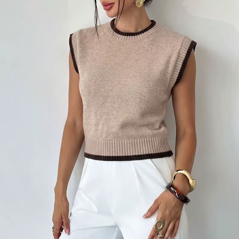 Gilet pull sans manches col rond multicolore pour femme, collection automne-hiver 2026, style coréen