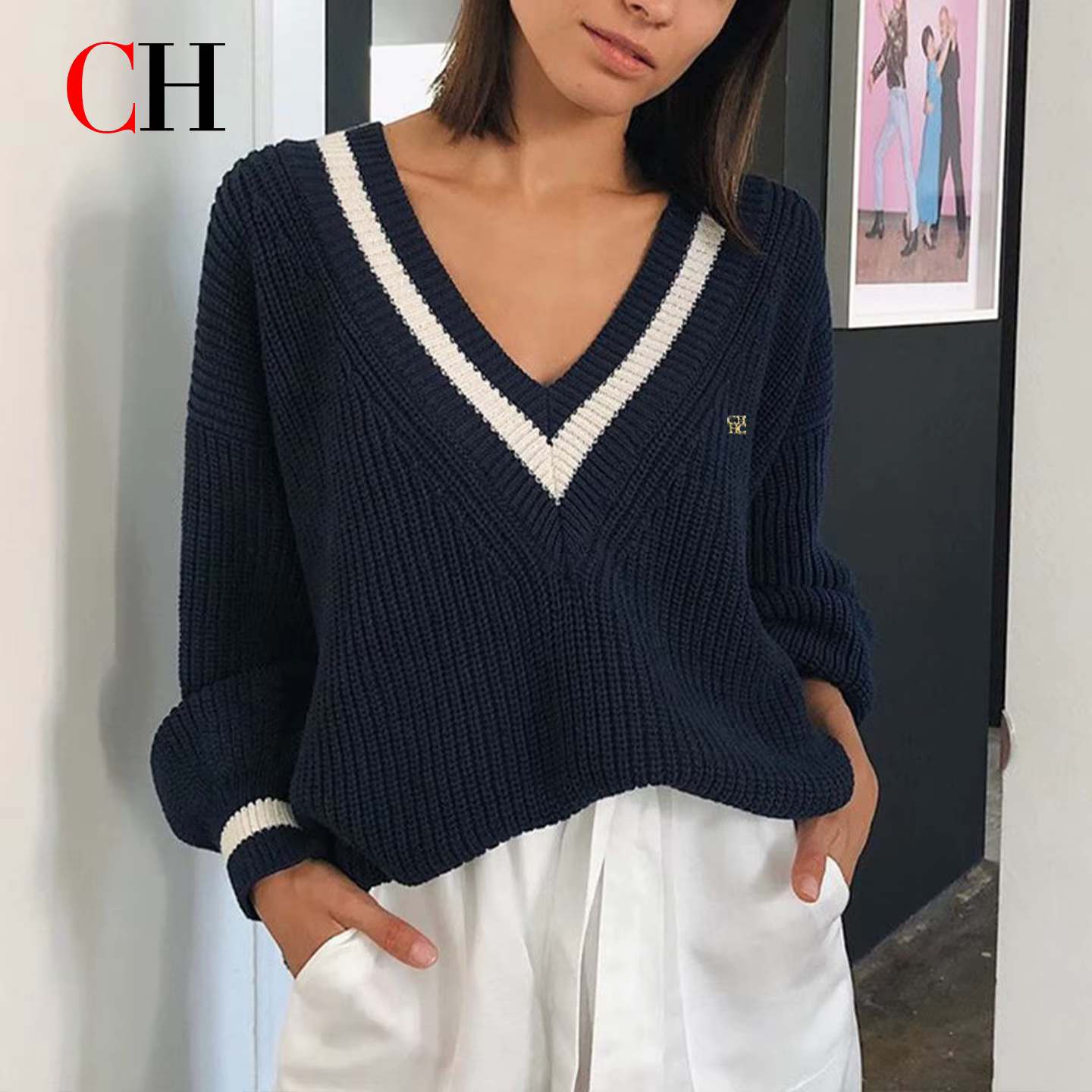 Pull en tricot rayé CH pour femme, collection automne-hiver 2026, décontracté, ample, à manches long