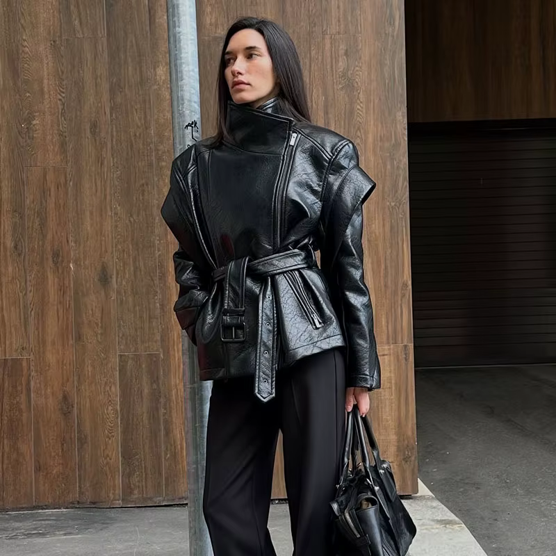 Rue col haut fermeture éclair veste en cuir femme couleur unie à lacets manches longues manteau ampl