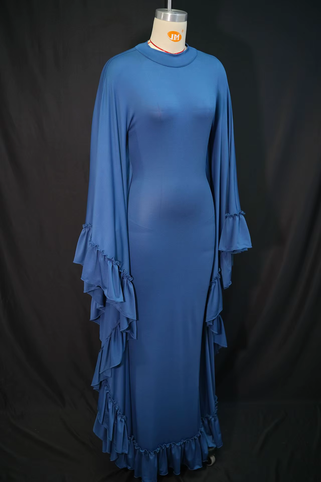 Robe longue élégante à col montant, couleur unie, taille à volants, robes trapèze pour femmes, robes