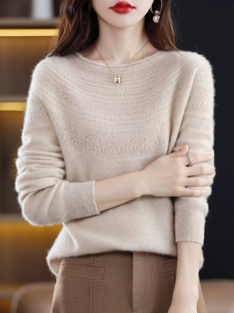 Femmes 100% laine mérinos pull automne hiver pulls col rond creux cachemire tricots femme basique fo