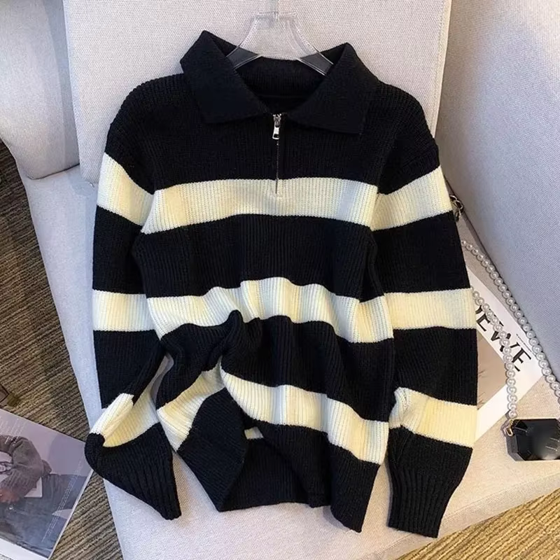 Smvp femmes col rabattu rayé pull Vintage ample à manches longues tricots femme automne hiver chaud
