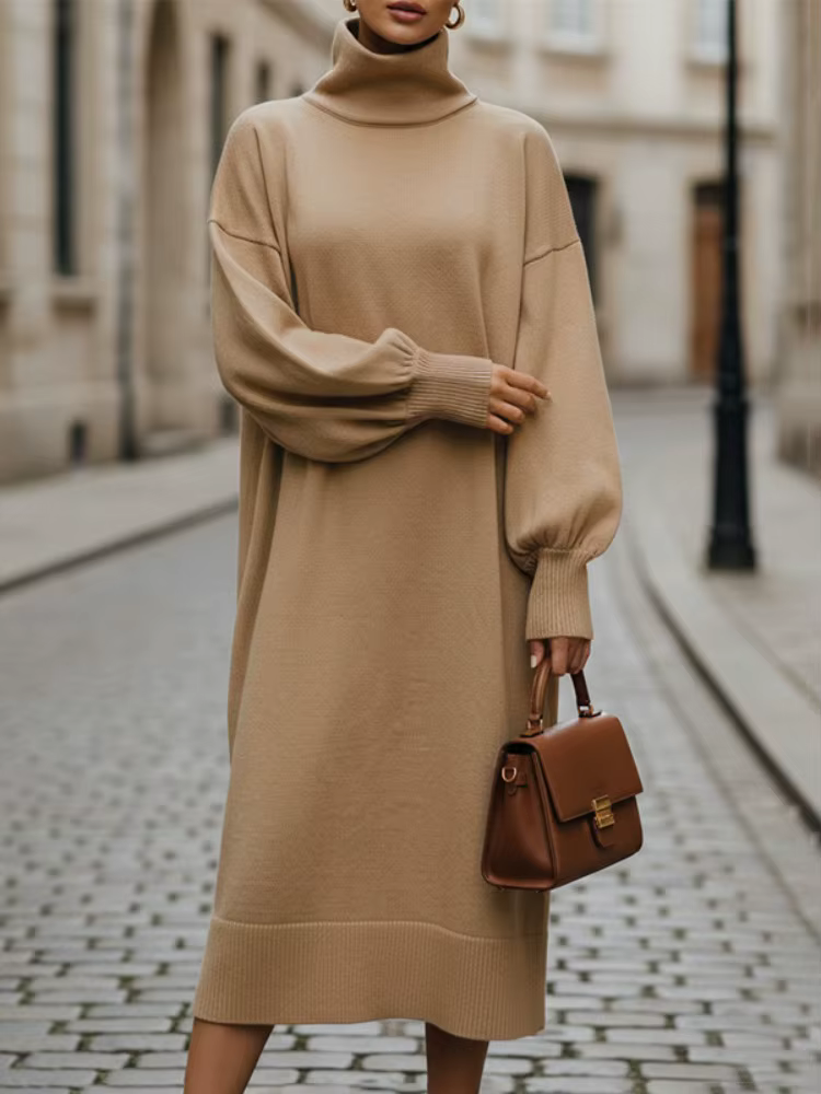 UOOZEE – robe pull tricotée à col roulé pour femme, couleur unie, manches lanternes, surdimensionnée