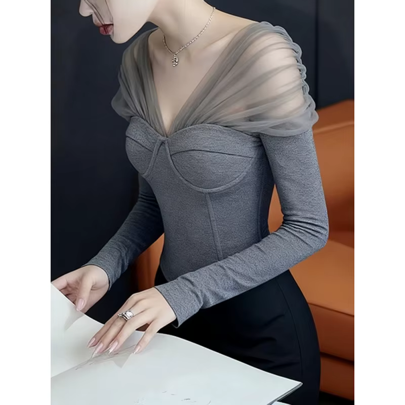 Haut moulant unique à épaules dénudées en maille pour femme, idéal pour l'automne et l'hiver