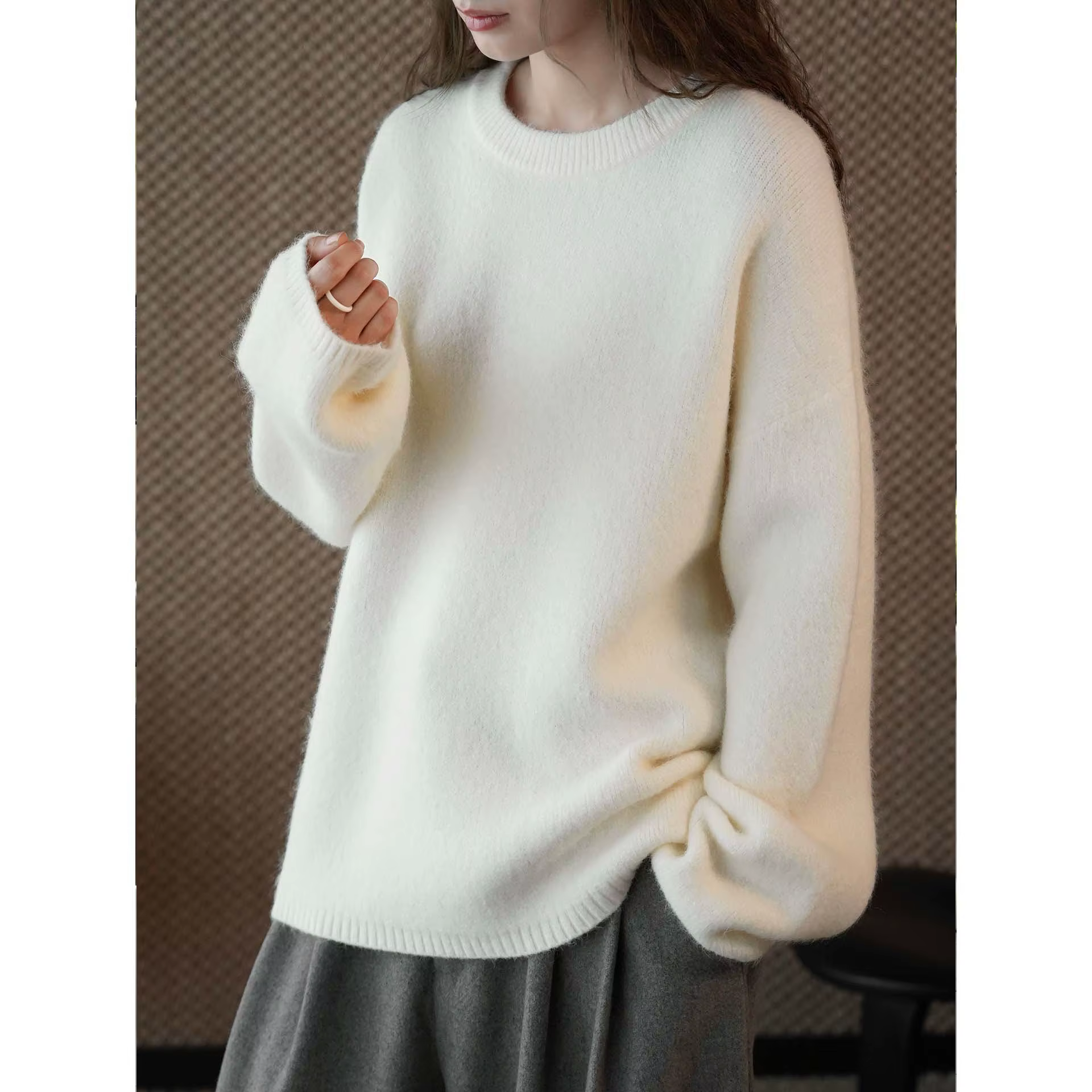 Pull en laine tricoté HanOrange 2026 Hiver Simple et décontracté pour femme, col rond, chaud, abrico