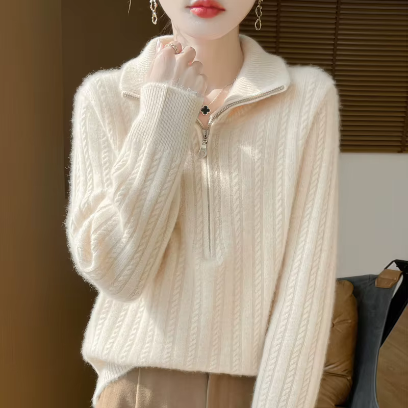 Pull épais torsadé en laine d'hiver, col carré, fermeture éclair, tricoté, col demi-ouvert, manteau 