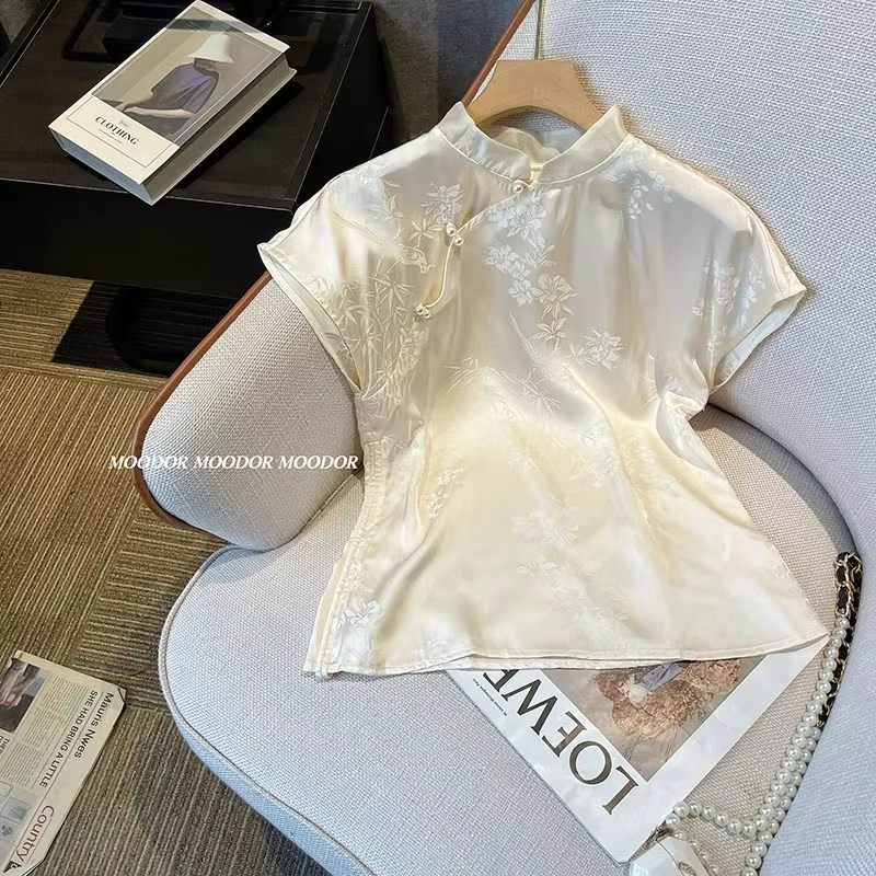 Nouveau Style chinois à manches courtes imprimé col Mandarin chemise femmes été nouveau haut en Sati