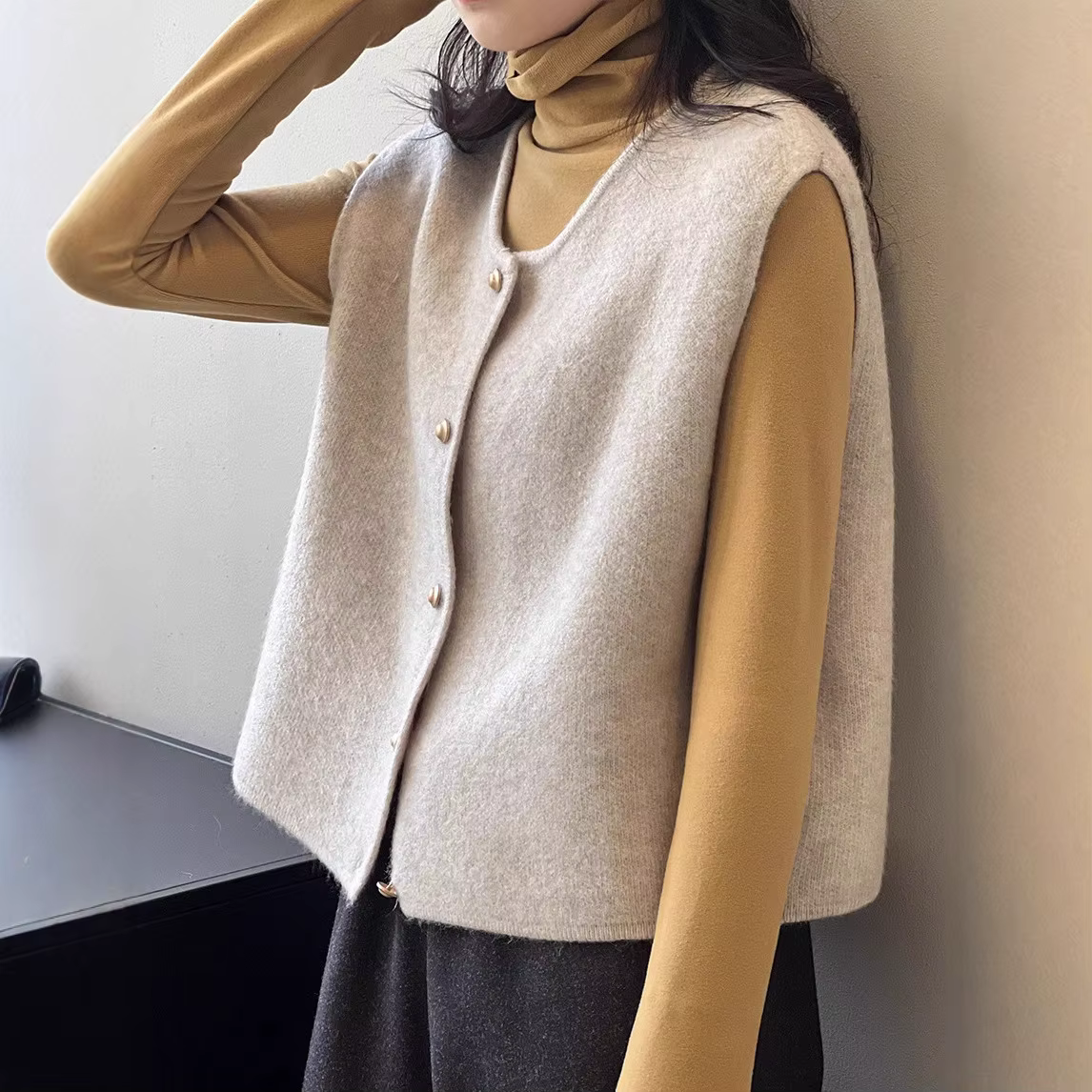 Gilet tricoté rétro pour femmes, pull français ample et superposé, col rond, haut d'extérieur, autom