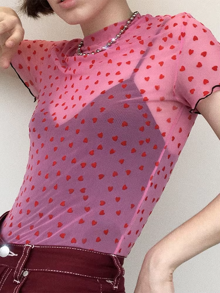 Maille chaude coeur col roulé t dessus de chemise femmes Transparent voir à travers blanc noir élast