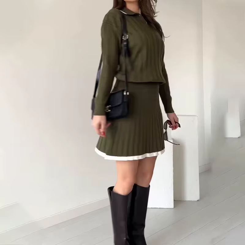 Pull tricoté pour femmes, col POLO, jupe courte en Patchwork, ensemble à la mode, nouvelle collectio