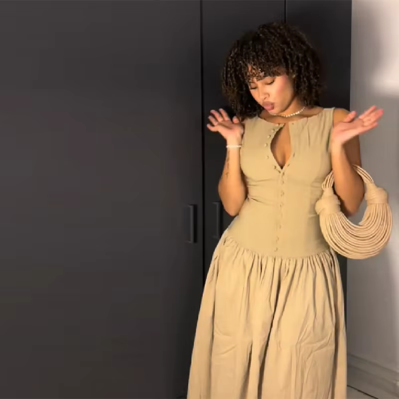 Nouvelle Robe Midi Chic Kaki Sans Manches Boutonnée Devant pour Femme, Taille Froncée, Jupe Fluide C