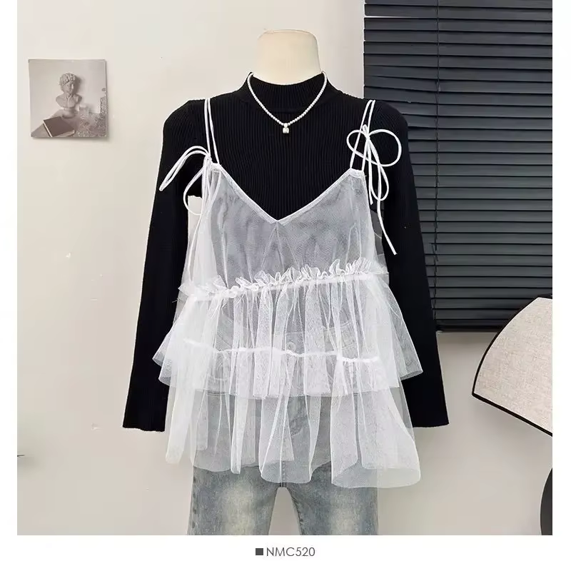 Top à bretelles en maille superposée avec nœud papillon, vêtements multicouches pour femmes, printem