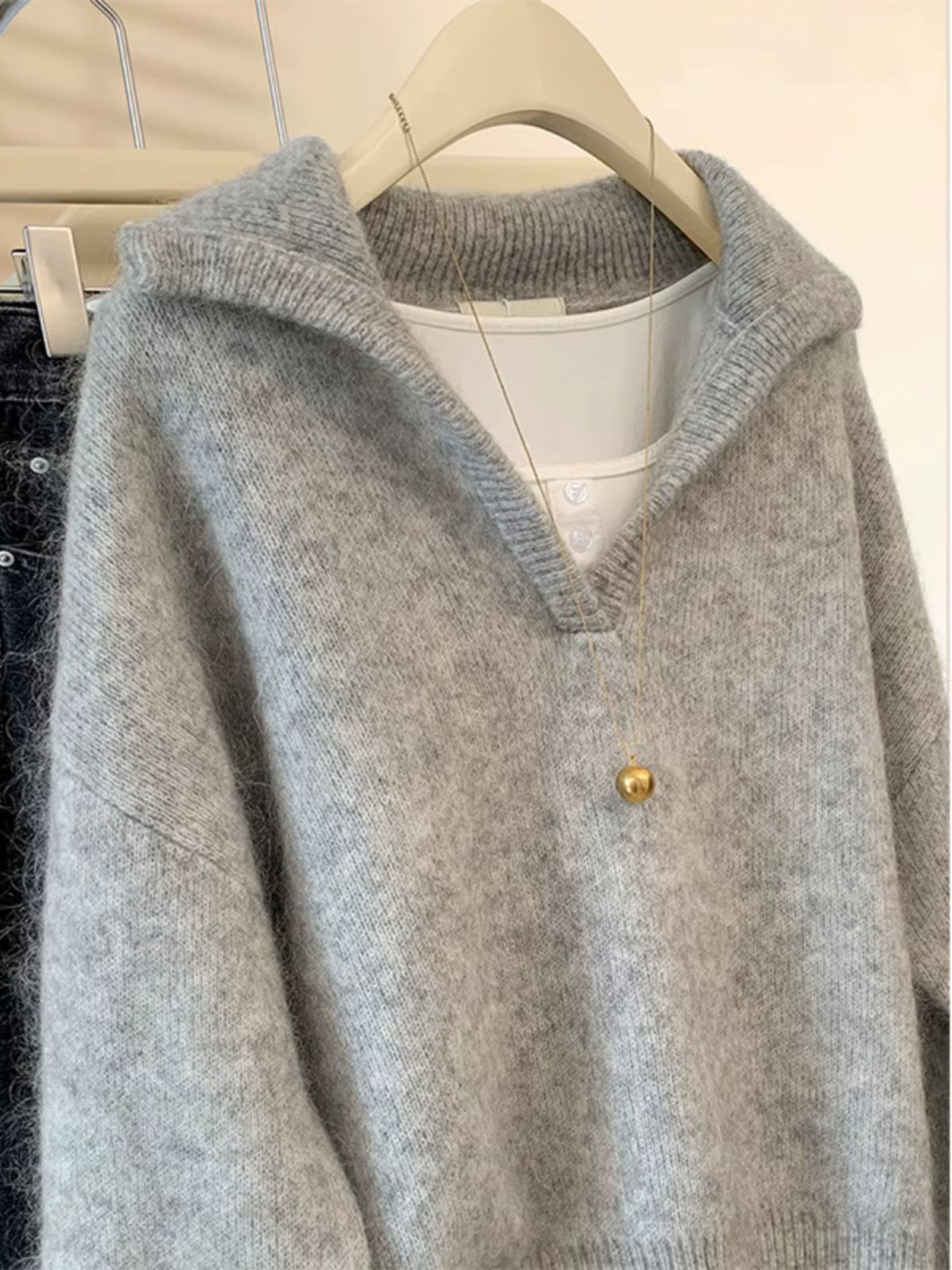 Pull tricoté en cachemire gris à col en v pour femme, manteau épais à revers, vêtements d'hiver, déb