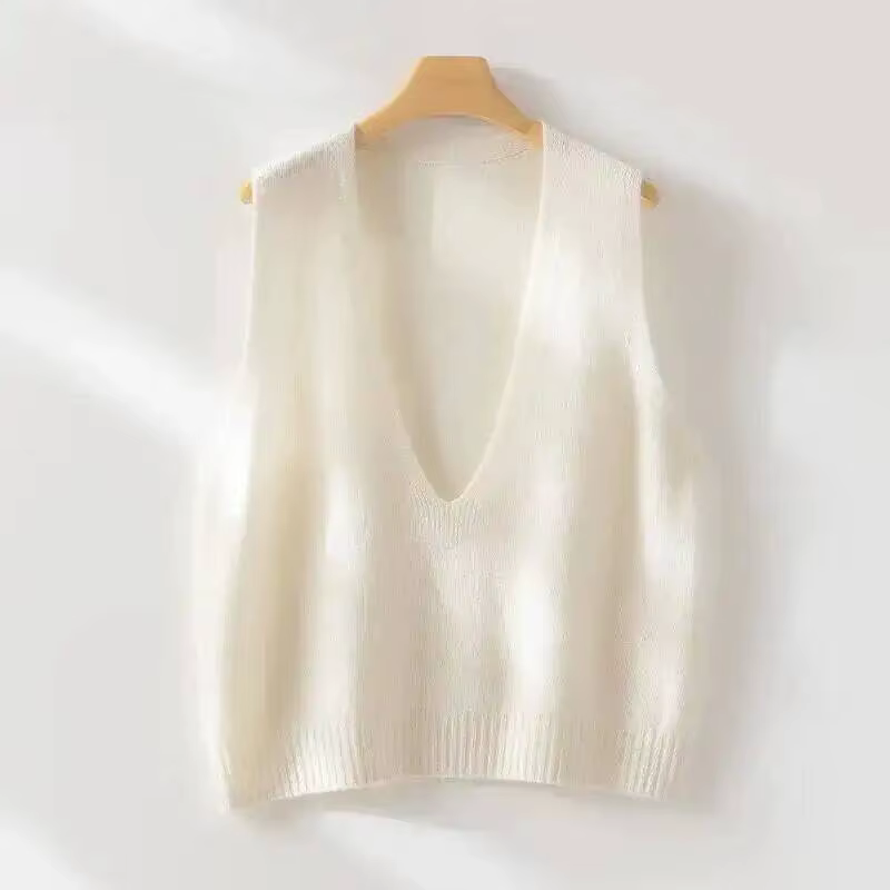 Gilet pull sans couture 100% laine, hauts tricotés amples sans manches à col en v pour femmes, autom
