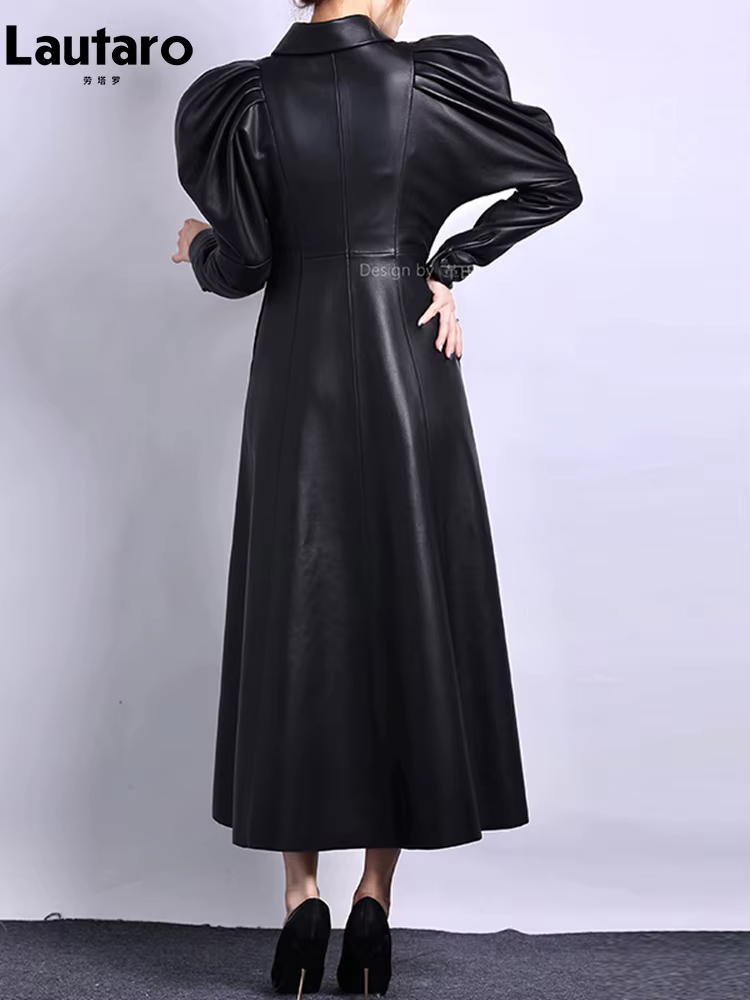 Lautaro-Manteau Long en Cuir PU Souple pour Femme, Manches Bouffantes, Mode Piste, Luxe, Rétro, Noir