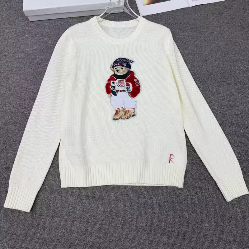 Pull en laine mélangée brodé motif ours de dessin animé de haute qualité à manches longues – Idéal p