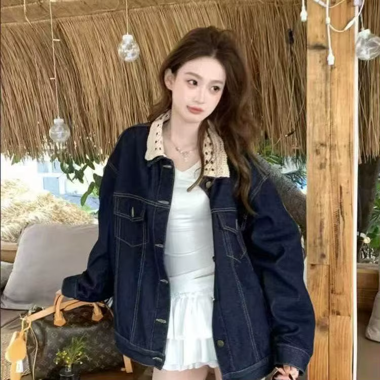 2025 automne haut dentelle col épissage rétro Feng Shui lavage chaud Cowboy manteau pour les femmes