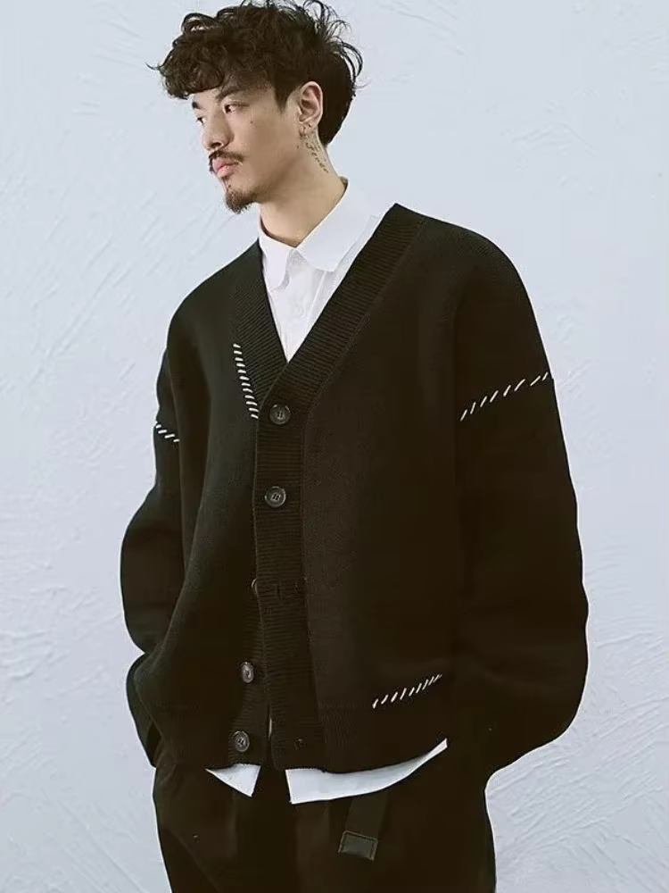 Chandails tricotés pour hommes manteau japonais rétro homme vêtements veste noir Cardigan hiver 2025