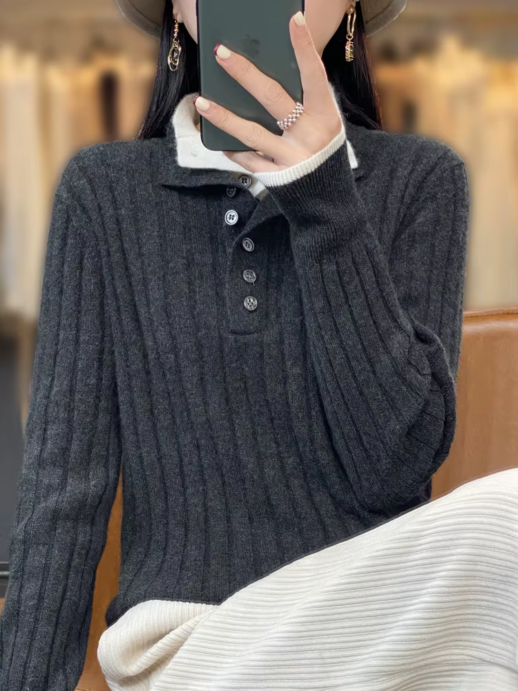 Pull à col rabattu pour femme 100% laine mérinos Automne Hiver Épaissi Chaud Casual Tricotage en cac