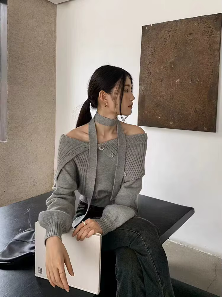 Pull marron à épaules dénudées pour femmes, automne et hiver, Style français, Design à revers, aminc