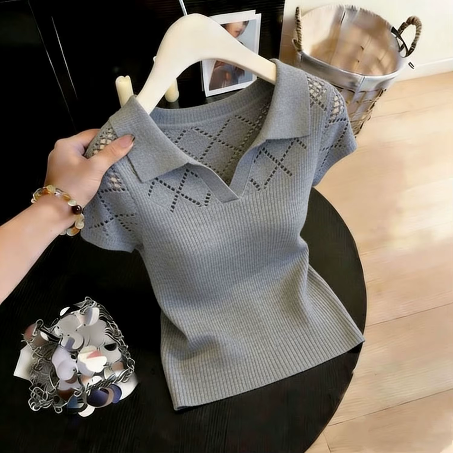 Pull en maille à col rabattu pour femme, pull-over court à manches courtes ajouré, hauts et pulls po