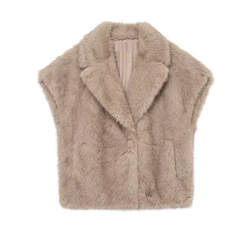 Femmes Beige flou revers gilet mode solide sans manches poche gilet ample femme 2025 élégant hiver C